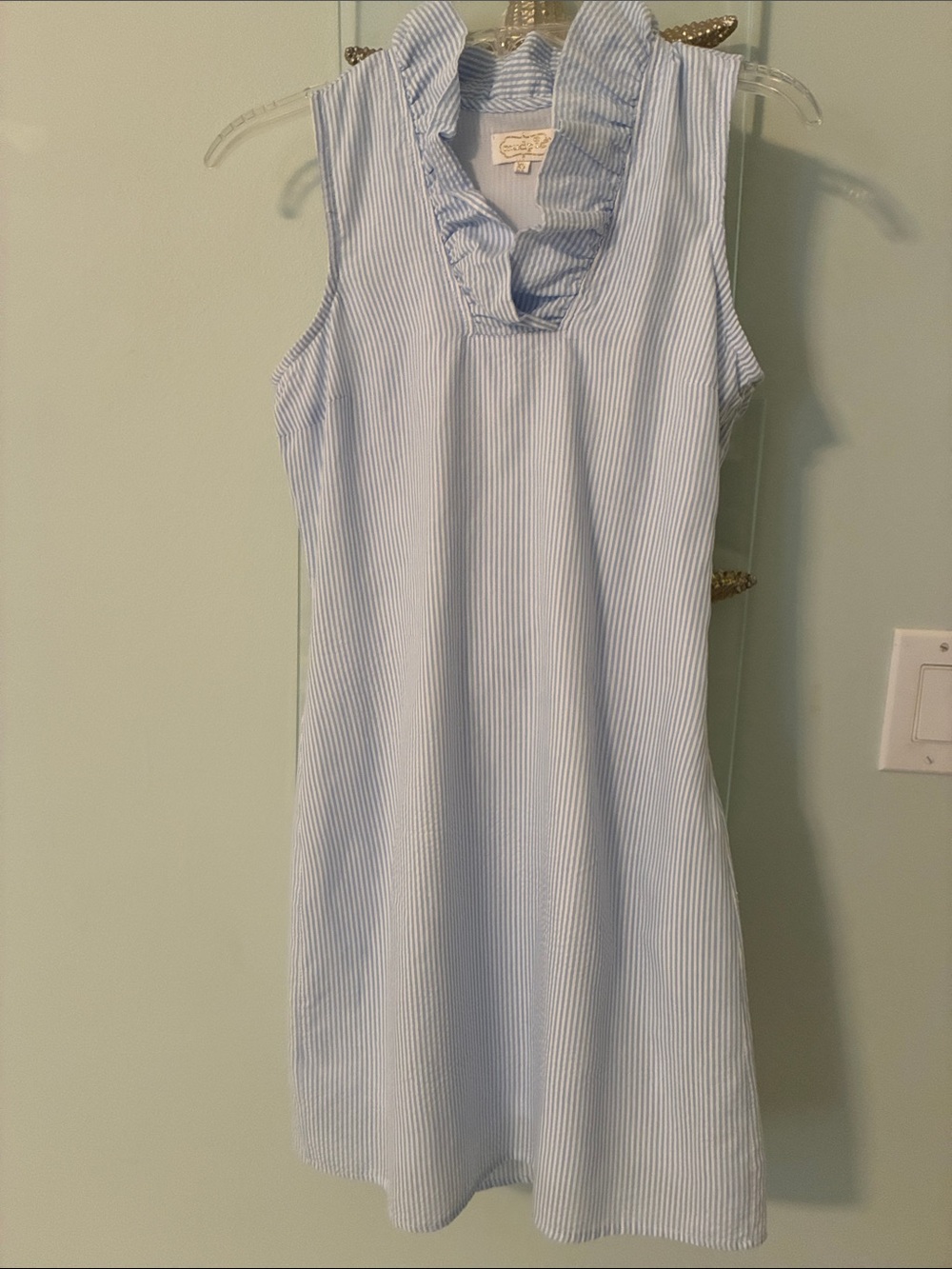Mud Pie Light Blue & White Striped Ruffle V-Neck Sleeveless Dress. Size XS.